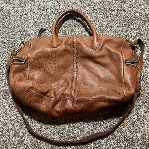 Fossil Camel Brown Soft Leather Purse Duffel Handle Shoulder Bag Gold Zipper